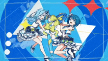 a drawing of a girl with blue hair holding a blue object