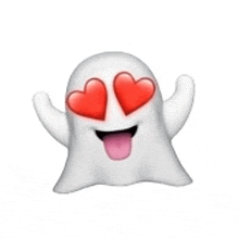 a white ghost with red hearts in its eyes and tongue out .