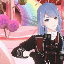 a girl with blue hair and red eyes is standing in front of a pink candy display