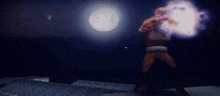 a monster with horns is standing in a dark room with a full moon in the background .