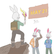 a drawing of a rabbit holding a torch with the date may 21