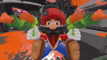 a cartoon character with a red hat and a beard is holding two water guns in his hands