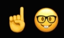a hand is pointing up next to a smiley face with glasses on .
