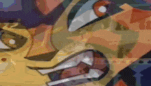 a close up of a cartoon character 's face with a very angry look on it .