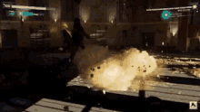 a video game is being played and a person is flying through the air with a huge explosion in the background