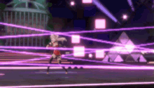 a cartoon character is surrounded by purple lasers