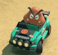 a cartoon character is driving a green car with swoop written on it .