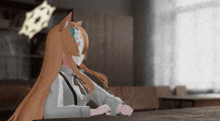 a cartoon girl with long brown hair and a cat ear sits at a table
