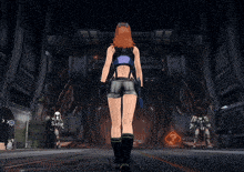 a woman in a video game is standing in front of a sign that says satie on it