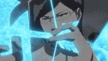 a man with glasses is holding a blue sword in his hand