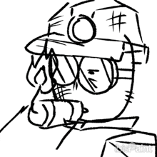 a black and white drawing of a man wearing a hat with the number 1 on it