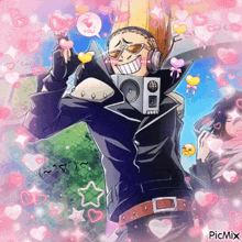 a picture of a man wearing headphones and sunglasses is surrounded by hearts and says picmix