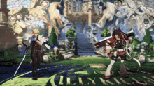 two video game characters are standing in front of a sign that says ' lyn '