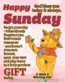 a happy sunday greeting card with winnie the pooh holding a flower