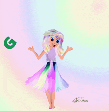 a girl in a rainbow dress is standing in front of a sign that says good morning