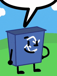 a cartoon drawing of a blue box with a face and a speech bubble above it