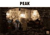 a group of cartoon characters are standing in front of a brick wall with the word peak above them