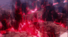 a group of people are standing in a dark room with red flames coming out of it .