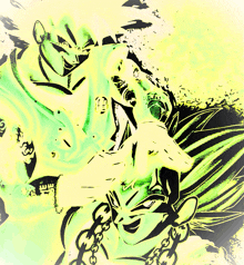 a drawing of a man with a chain around his neck and a green background