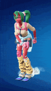 a cartoon character with green hair and red skin is standing on skis