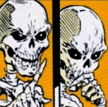 a drawing of a skeleton giving the middle finger on an orange background