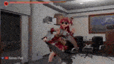 a video game character is holding a sword in a room with chairs and a painting on the wall .