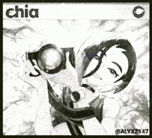 a black and white drawing of a girl with the name chia on the bottom