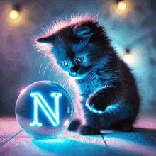 a kitten is playing with a glass ball with the letter n written on it