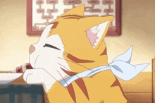 a cat wearing an apron is eating a piece of meat