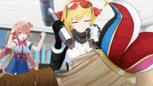 two anime girls are standing next to each other and one is holding a hammer