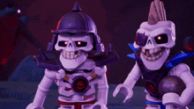 two skeletons are standing next to each other and one has a purple helmet on