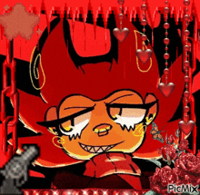 a cartoon of a devil with a butterfly and hearts on a red background