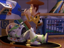 woody and buzz lightyear are sitting on a skateboard