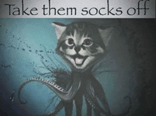 a picture of an octopus cat with the words take them socks off underneath it
