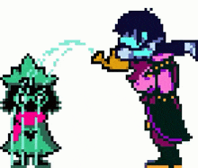 a pixel art of a person spraying water at a cartoon character .