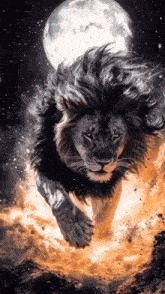 a lion is running in front of a full moon in a painting .