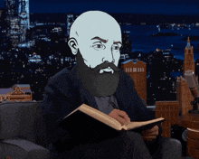 a man with a beard and mustache is writing in a book