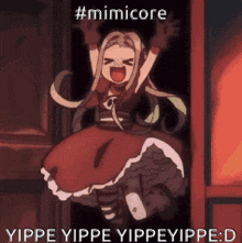 a girl in a red dress is jumping out of a door with her arms in the air .