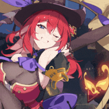 a girl with red hair is wearing a witch hat and holding a key