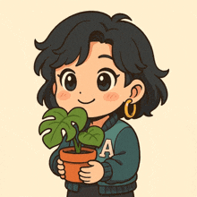 a girl in a green jacket with the letter a on it holds a potted plant