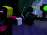 a pixelated image of a person in a room with a green light behind them