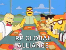 a group of cartoon characters are sitting around a table with the words " rp global alliance " written on the bottom