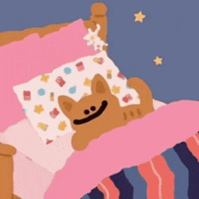 a cat is laying in a bed with a pink blanket and a pink pillow