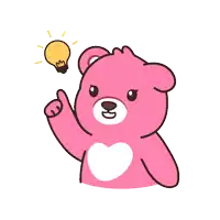 a pink teddy bear has a light bulb above his head and the word aha above him