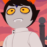 a cartoon character with orange hair and yellow eyes looks tired
