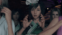 a woman in a green kimono is surrounded by other women in a video game scene