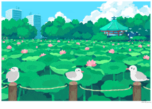 a painting of seagulls sitting on a fence in a field of pink flowers