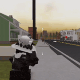 a person standing on a sidewalk in a video game with a arrow pointing to the right