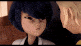 a close up of a cartoon character with blue hair looking at another character .