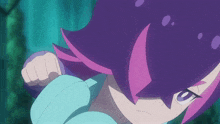 a girl with purple and pink hair has a blue eye